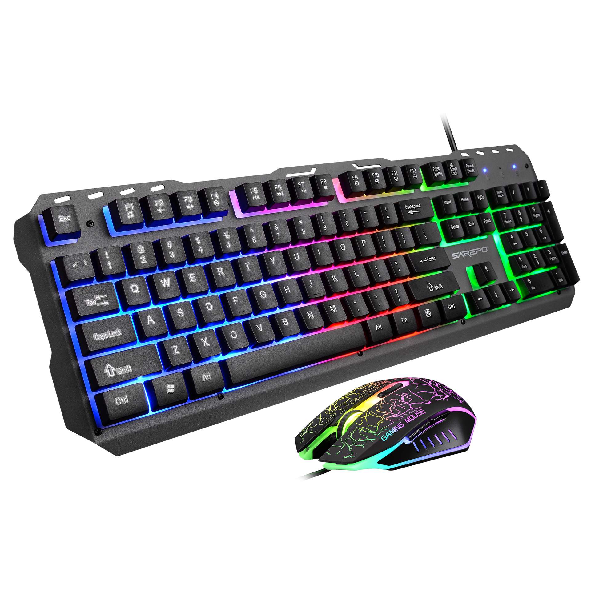 A wired gaming keyboard with multicolored backlit keys and a matching mouse with a colorful design.