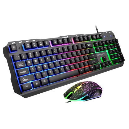 A wired gaming keyboard with multicolored backlit keys and a matching mouse with a colorful design.